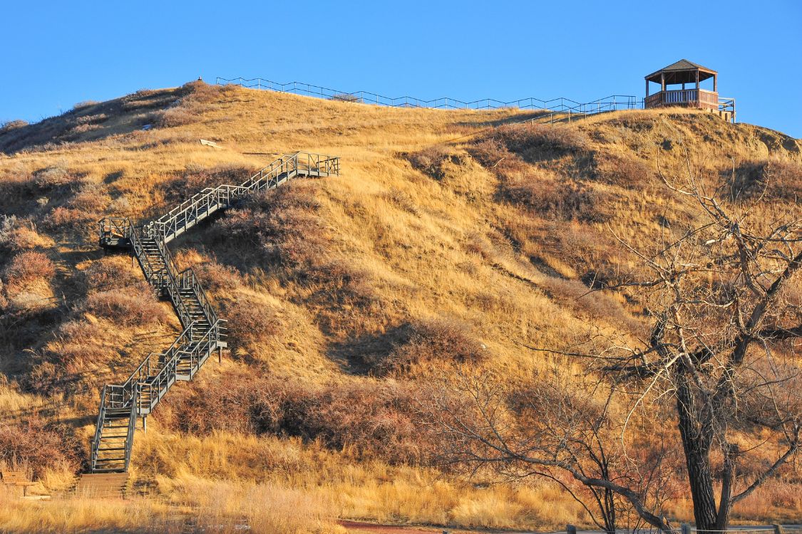 Un escalier en bois grimpe une colline herbeuse et aride jusqu'à un belvédère à Lethbridge, en Alberta.