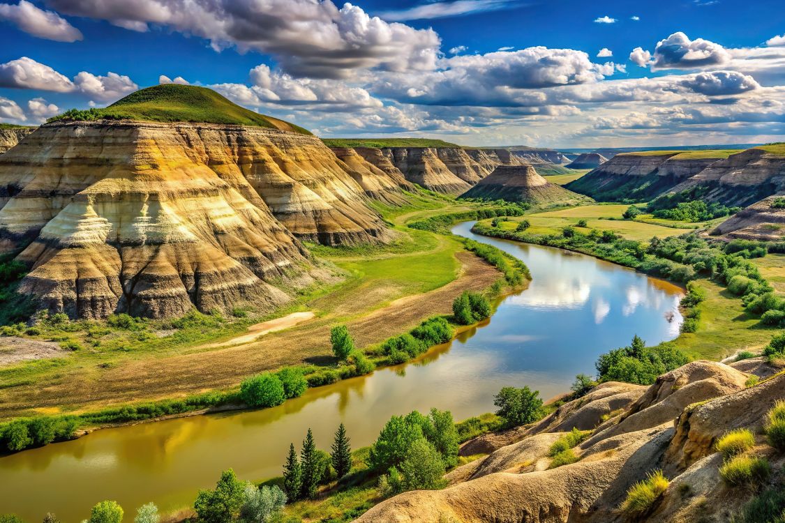 Rivière sinueuse traversant des formations rocheuses stratifiées et une vallée à Red Deer, en Alberta