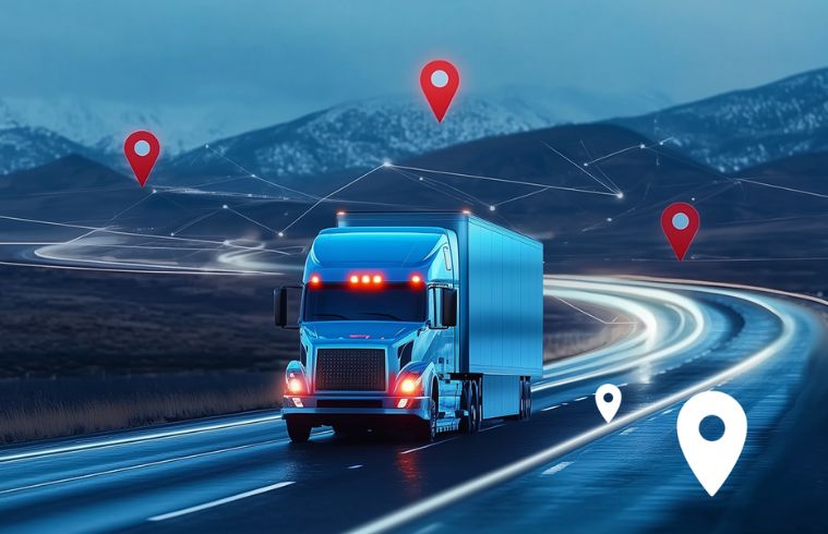 Camion logistique sur l'autoroute avec suivi GPS