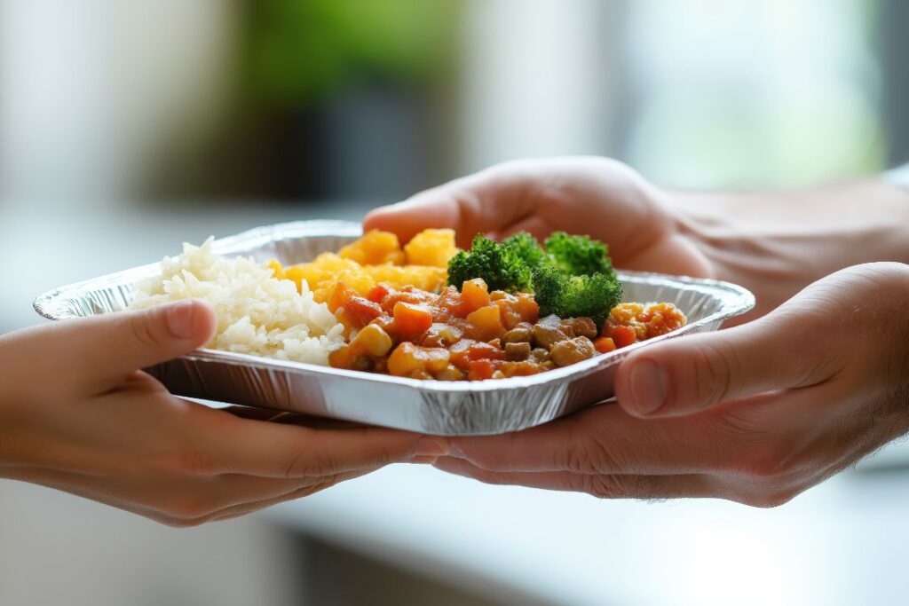 Des mains échangeant un récipient repas