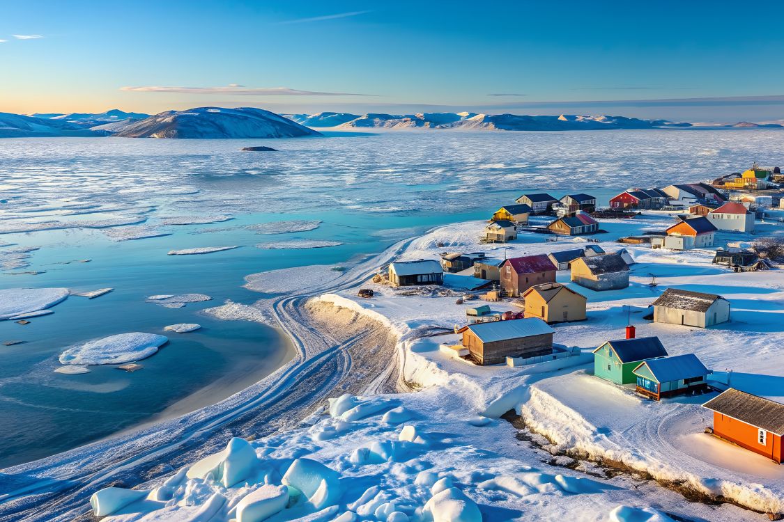 Vue aérienne d'Iqaluit, au Nunavut, avec ses maisons résidentielles et son paysage arctique.