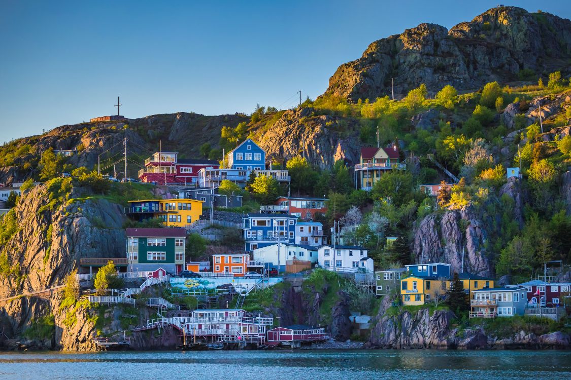 Vue panoramique de St. John's, à Terre-Neuve, montrant le port et la ville.
