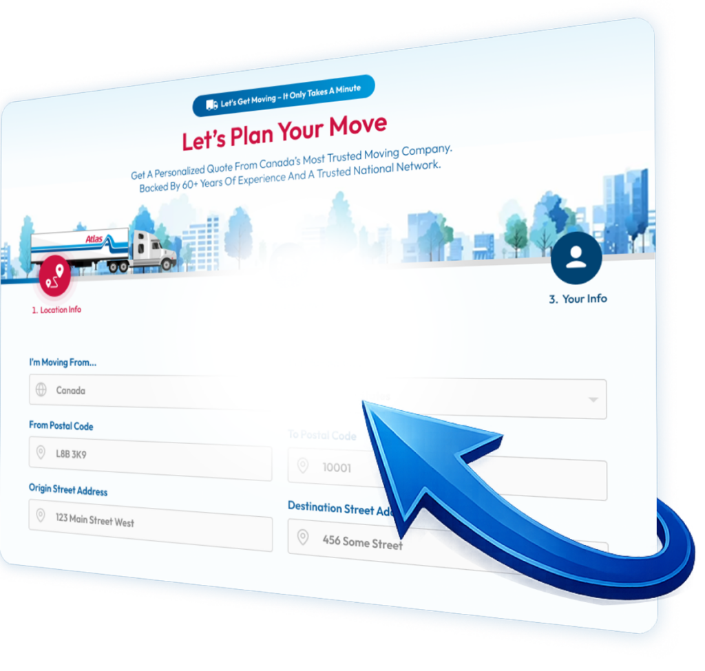 Atlas Moving online form with truck illustration and cityscape background