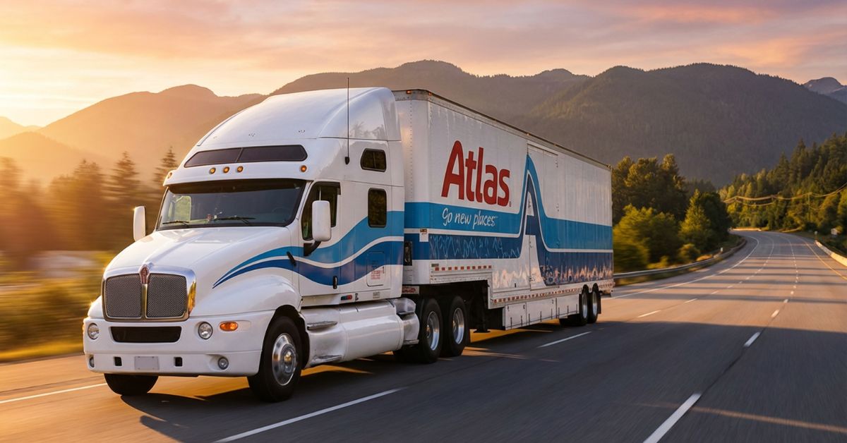 Un camion Atlas circule sur une route bordée de majestueuses montagnes en arrière-plan.